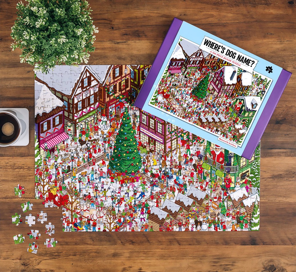 jigsaw puzzle and packaging - where's your dog in santa paws