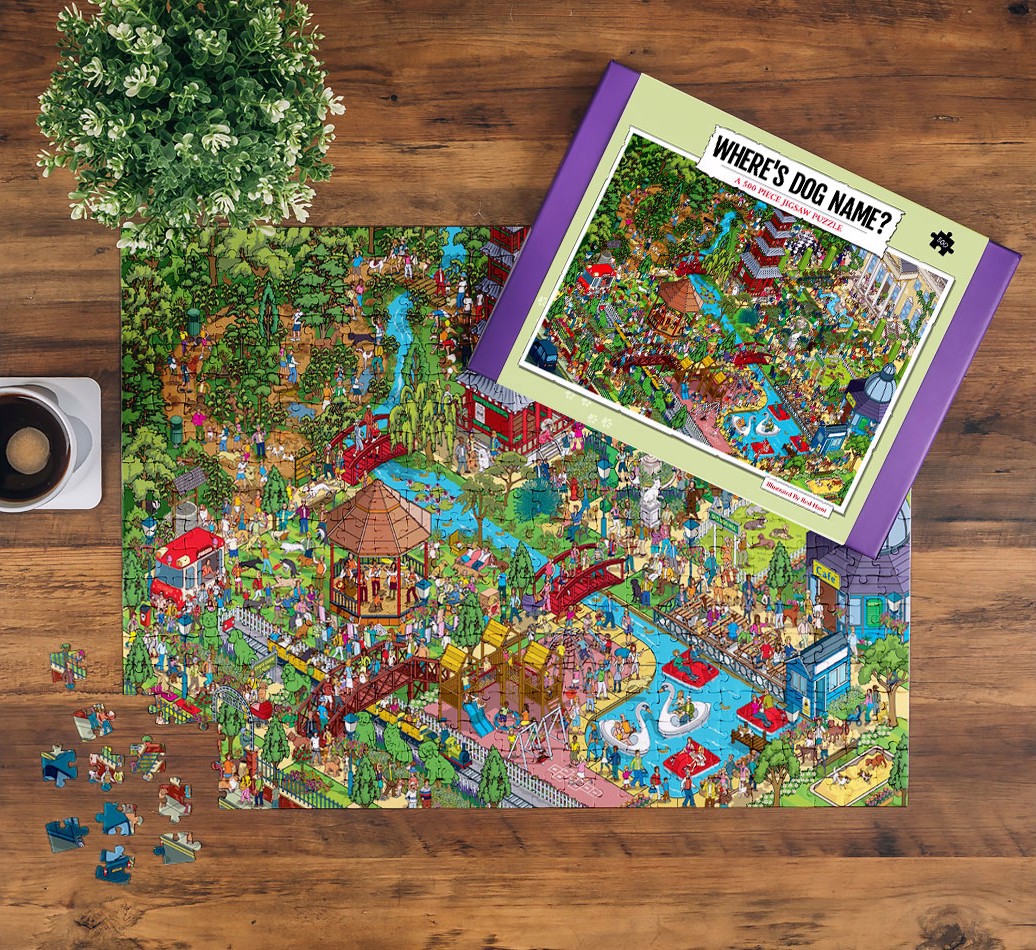 jigsaw puzzle and packaging - where's your dog in bark in the park