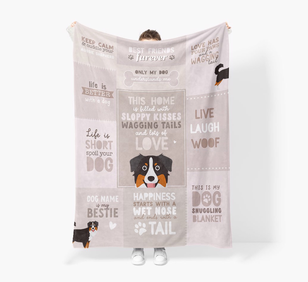 Patchwork Quotes: Personalized {breedFullName} Premium Sherpa Fleece Blanket - Held by Person