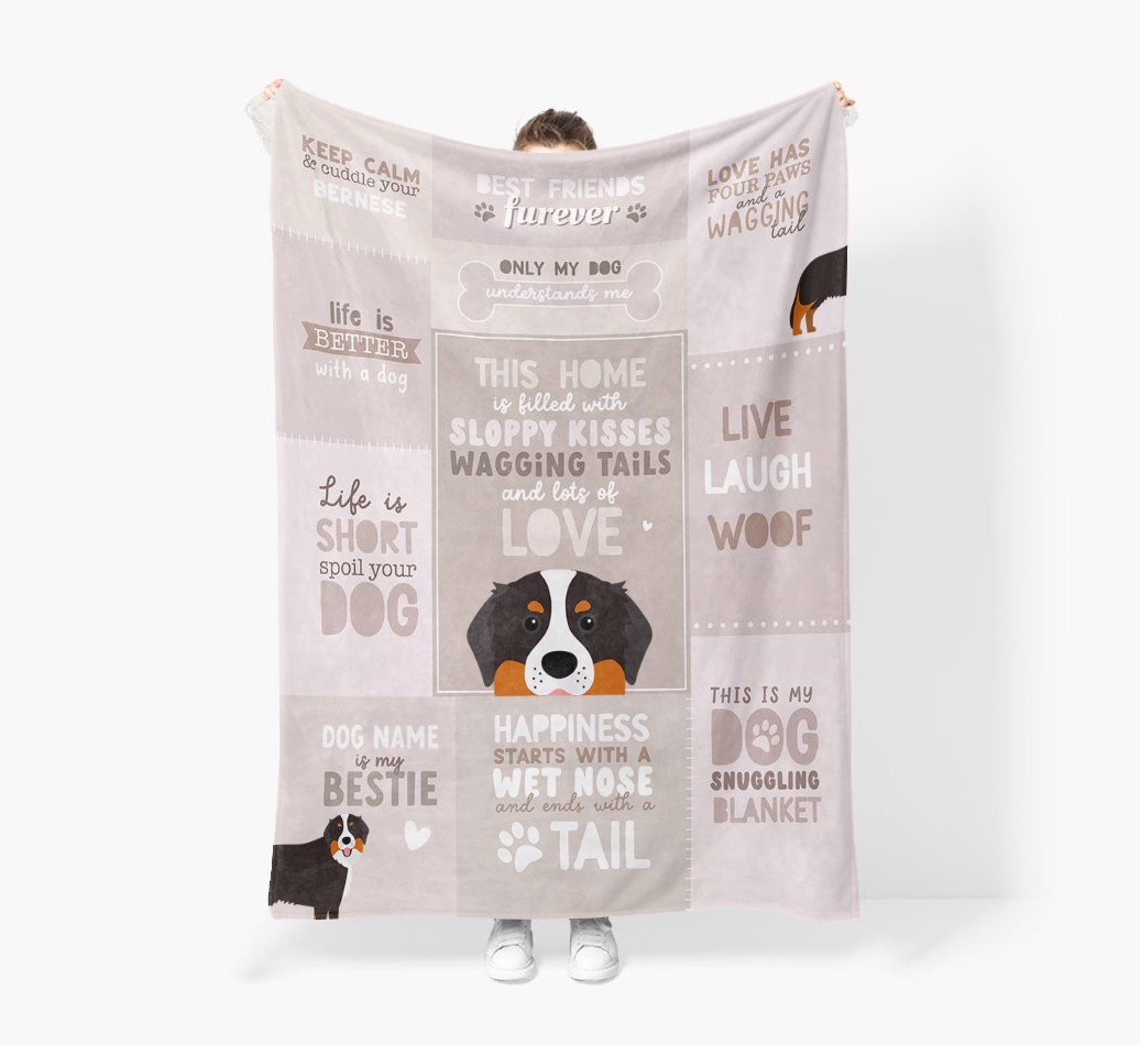 Patchwork Quotes: Personalised {breedFullName} Premium Sherpa Fleece Blanket - Held by Person