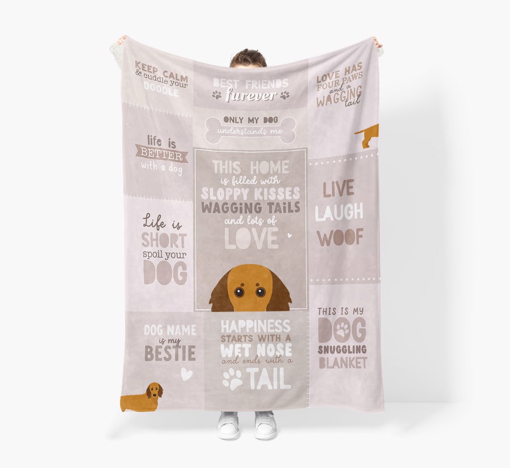 Patchwork Quotes: Personalized {breedFullName} Premium Sherpa Fleece Blanket - Held by Person