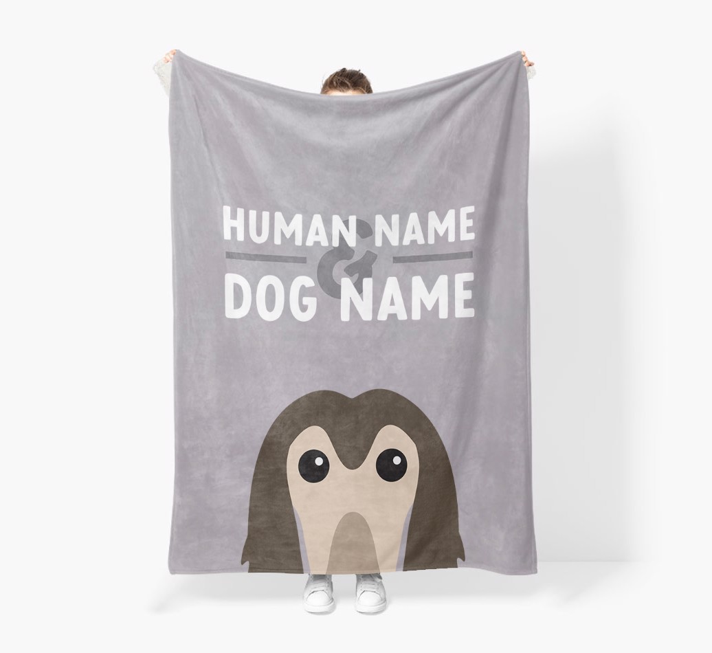Human & Dog Name: Personalised {breedFullName} Premium Sherpa Fleece Blanket - Held by Person