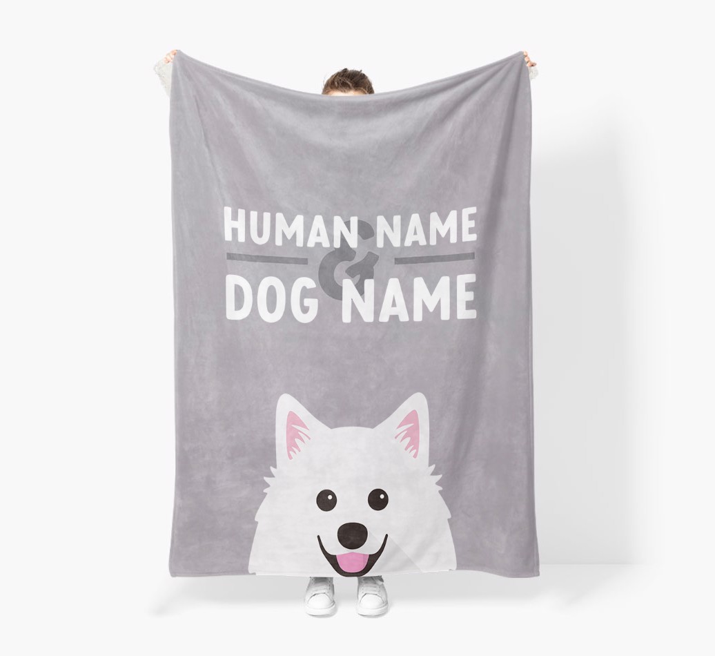 Human & Dog Name: Personalised {breedFullName} Premium Sherpa Fleece Blanket - Held by Person