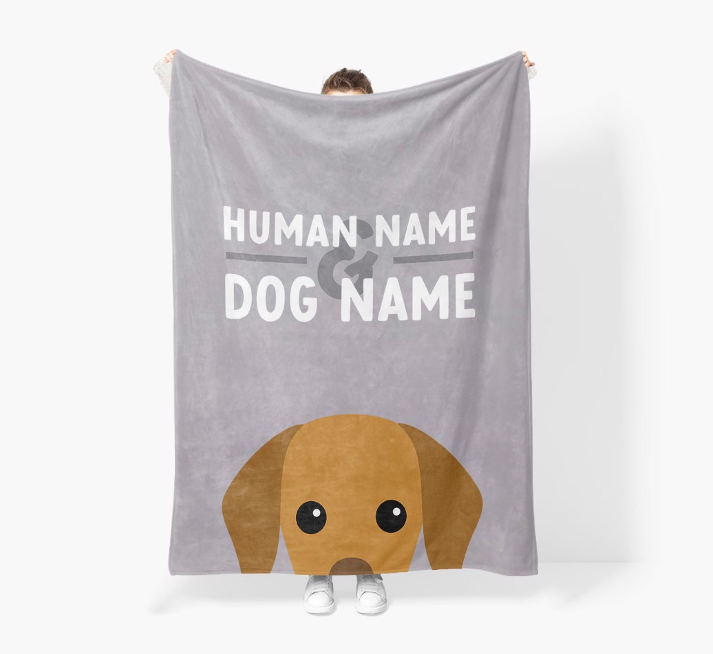Human & Dog Name: Personalized {breedFullName} Premium Sherpa Fleece Blanket - Held by Person
