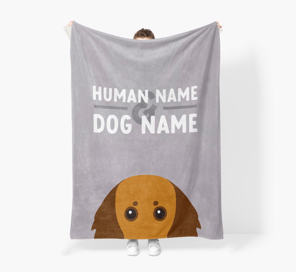 Human & Dog Name: Personalised {breedFullName} Premium Sherpa Fleece Blanket - Held by Person