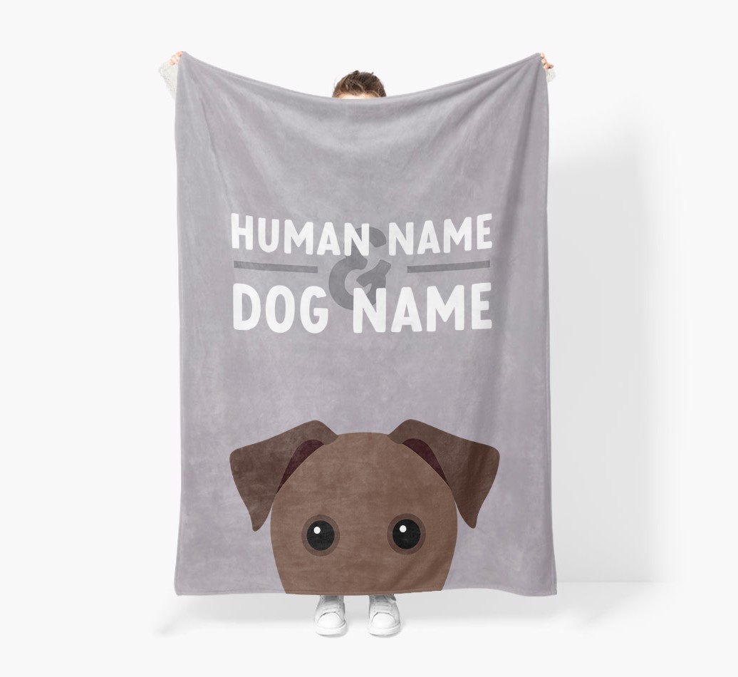 Human & Dog Name: Personalized {breedFullName} Premium Sherpa Fleece Blanket - Held by Person