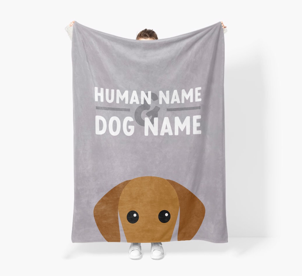 Human & Dog Name: Personalized {breedFullName} Premium Sherpa Fleece Blanket - Held by Person