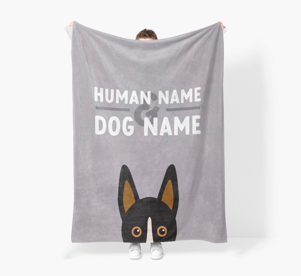 Human & Dog Name: Personalised {breedFullName} Premium Sherpa Fleece Blanket - Held by Person