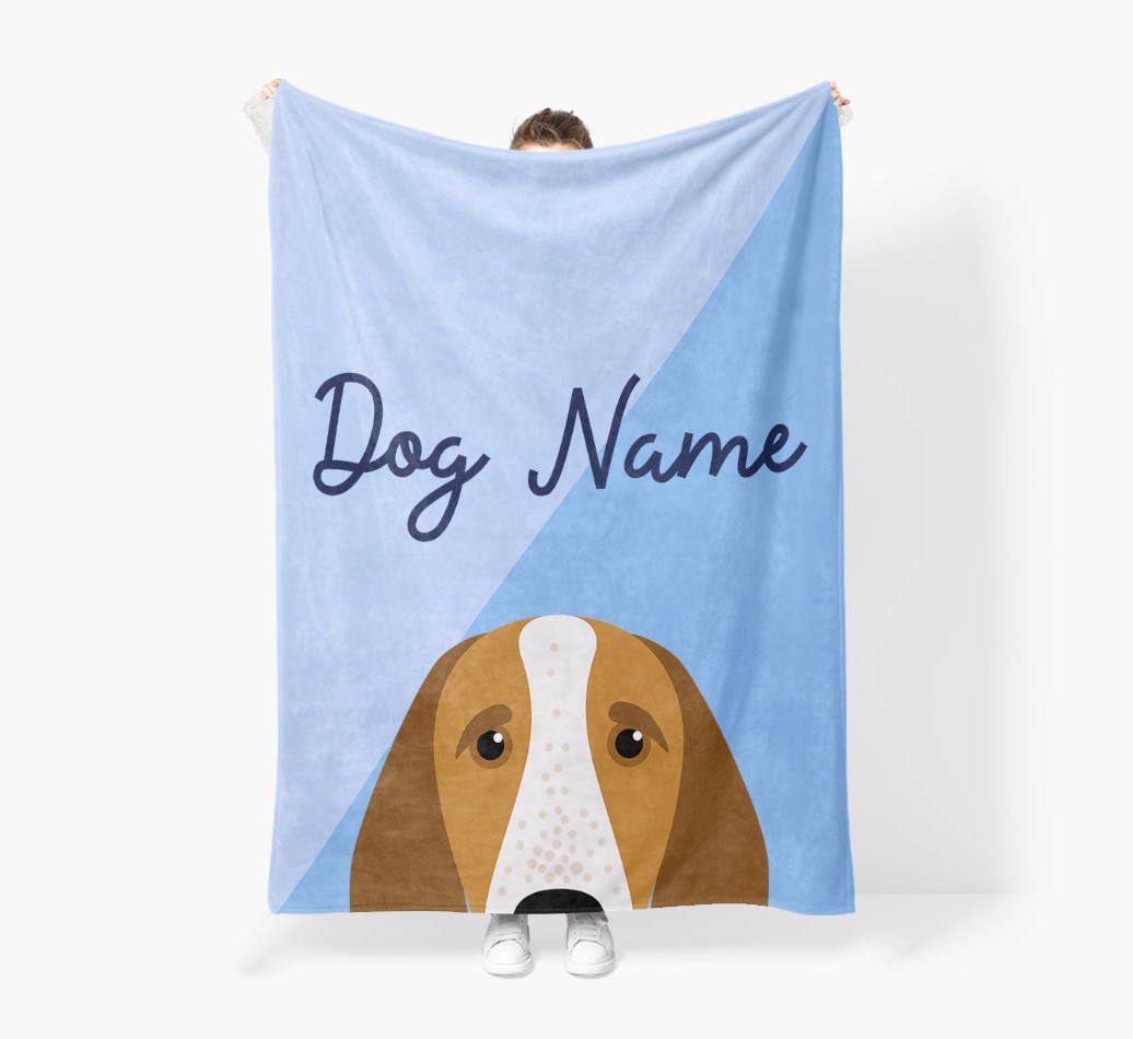 Peeking Name: Personalized {breedFullName} Premium Sherpa Fleece Blanket - Held by Person