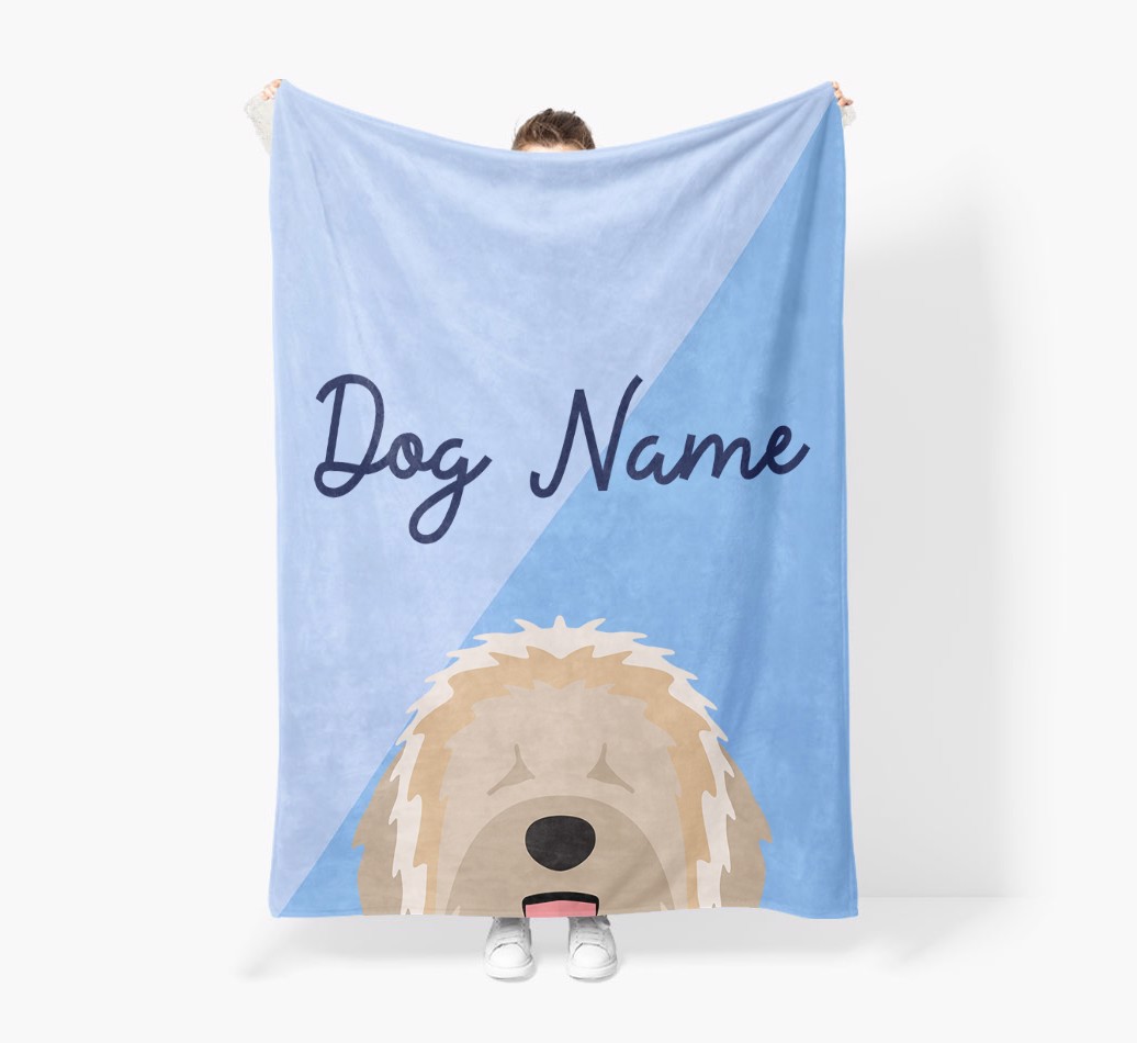 Peeking Name: Personalized {breedFullName} Premium Sherpa Fleece Blanket - Held by Person