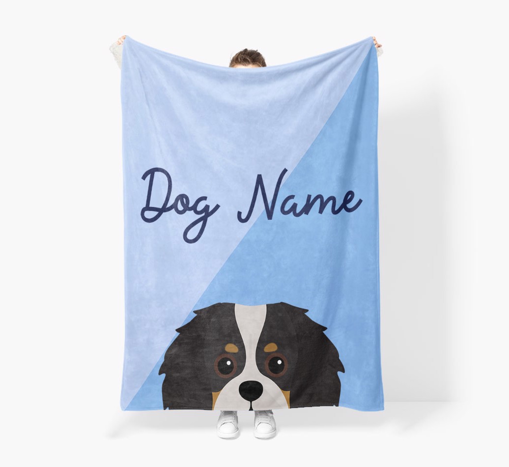 Peeking Name: Personalized {breedFullName} Premium Sherpa Fleece Blanket - Held by Person