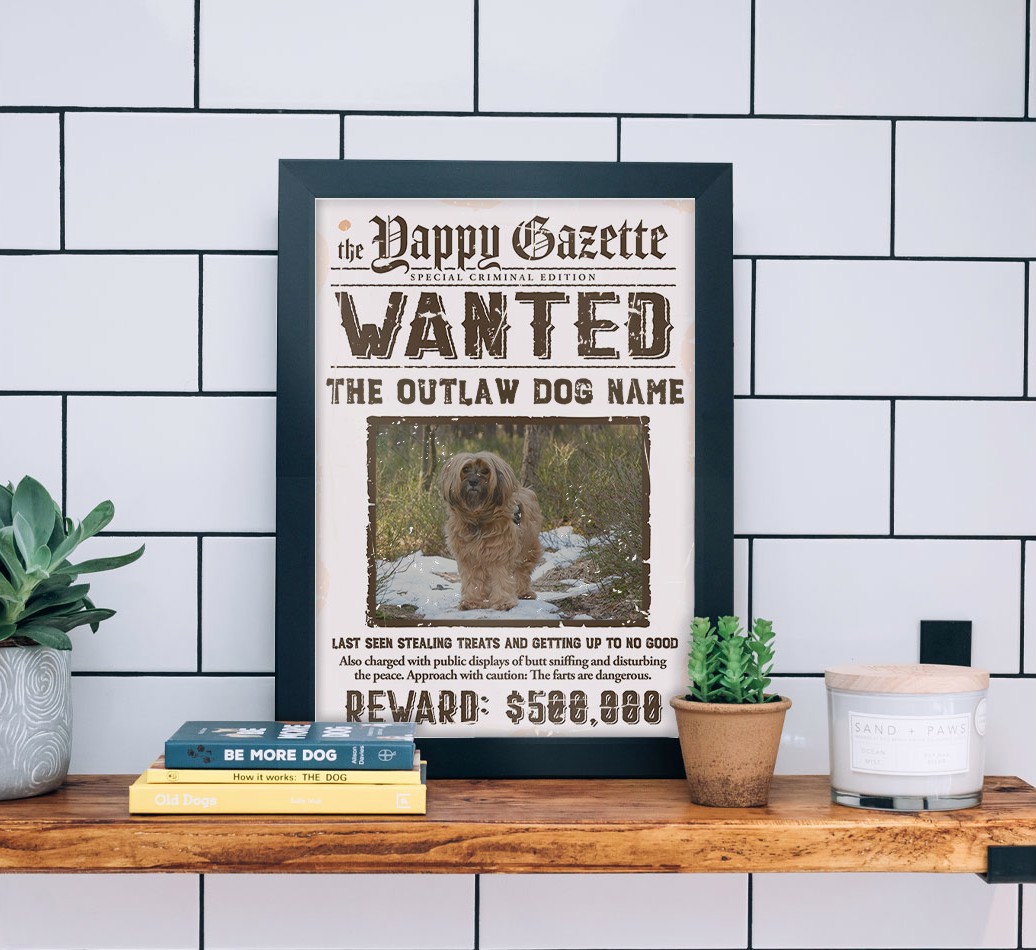 Wanted: Personalised {breedFullName} Photo Upload Framed Print - black frame lifestyle