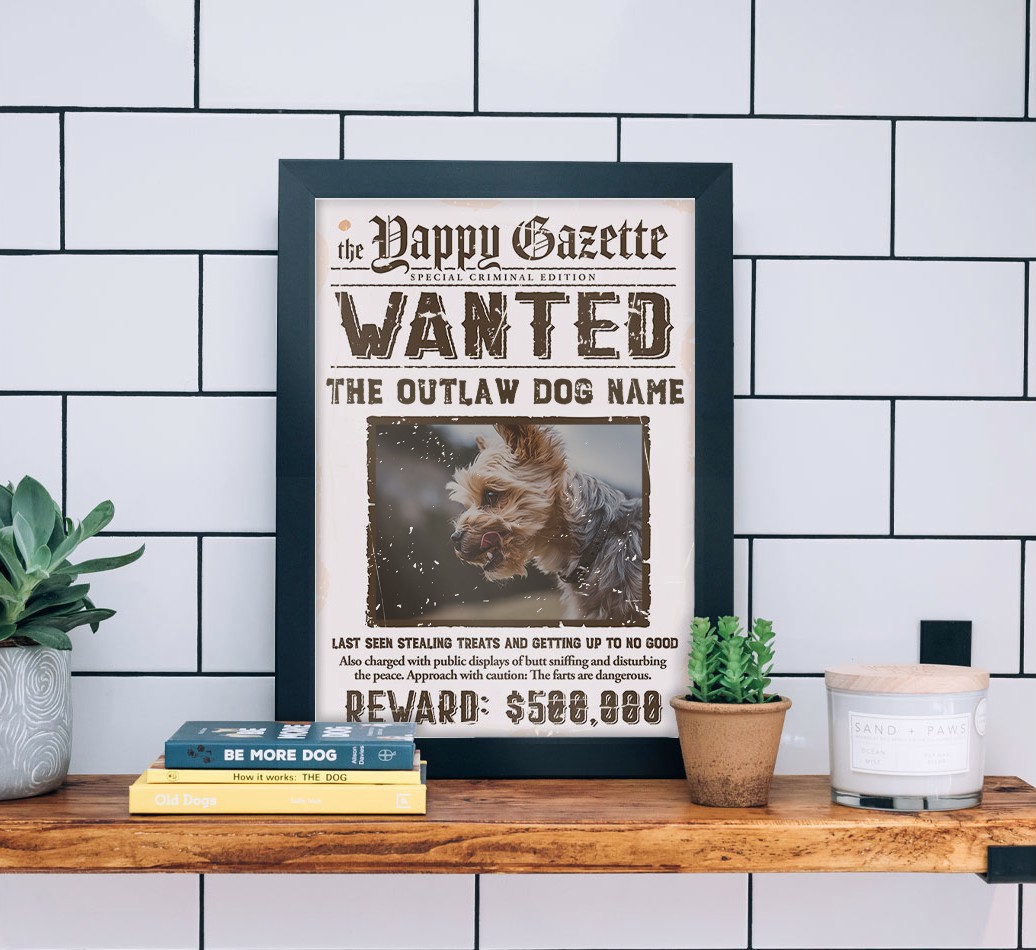 Wanted: Personalised {breedFullName} Photo Upload Framed Print - black frame lifestyle
