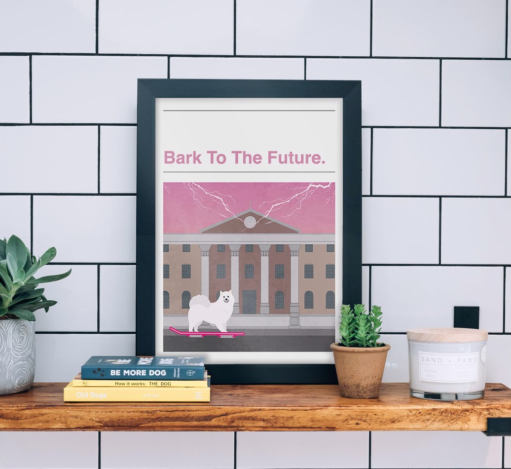 Bark To The Future: Personalised {breedFullName} Framed Print - black frame lifestyle