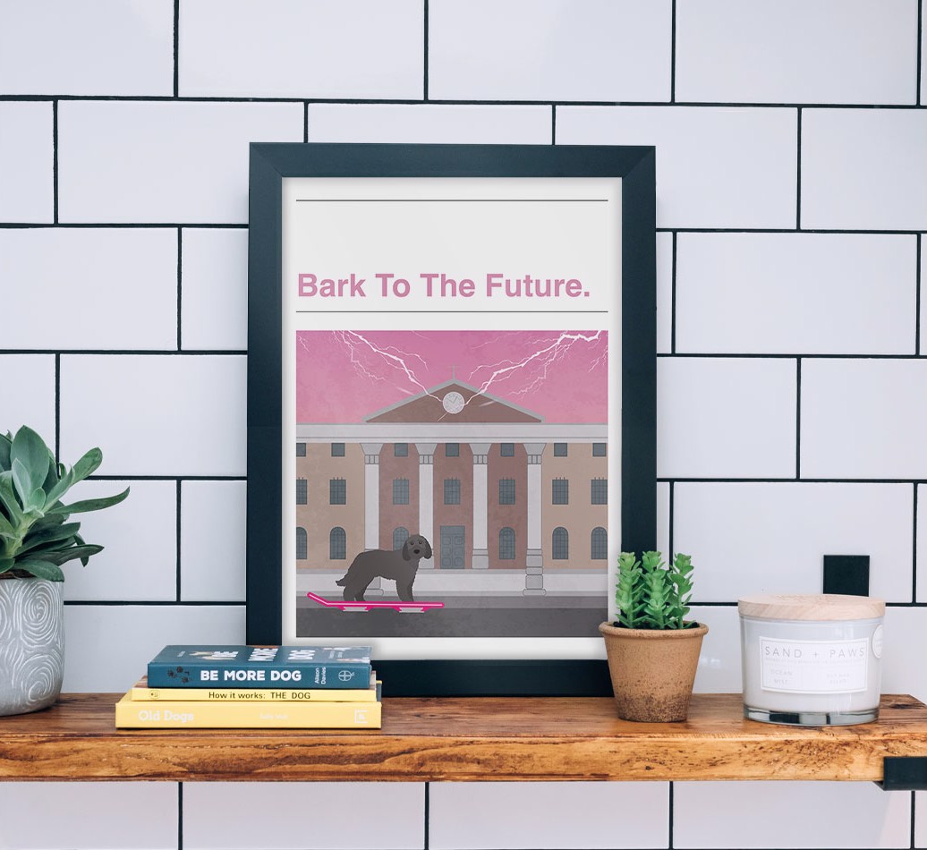 Bark To The Future: Personalised {breedFullName} Framed Print - black frame lifestyle