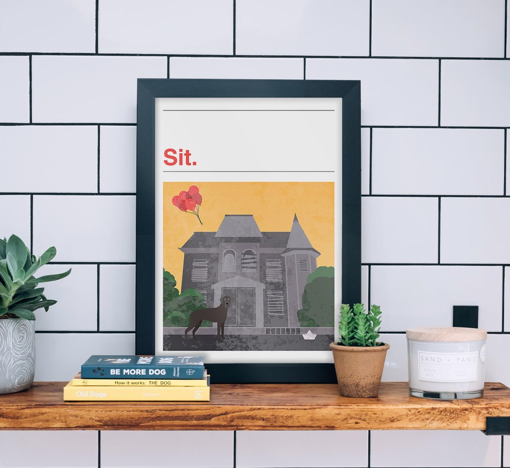 Sit: Personalised {breedFullName} Framed Print - black frame lifestyle