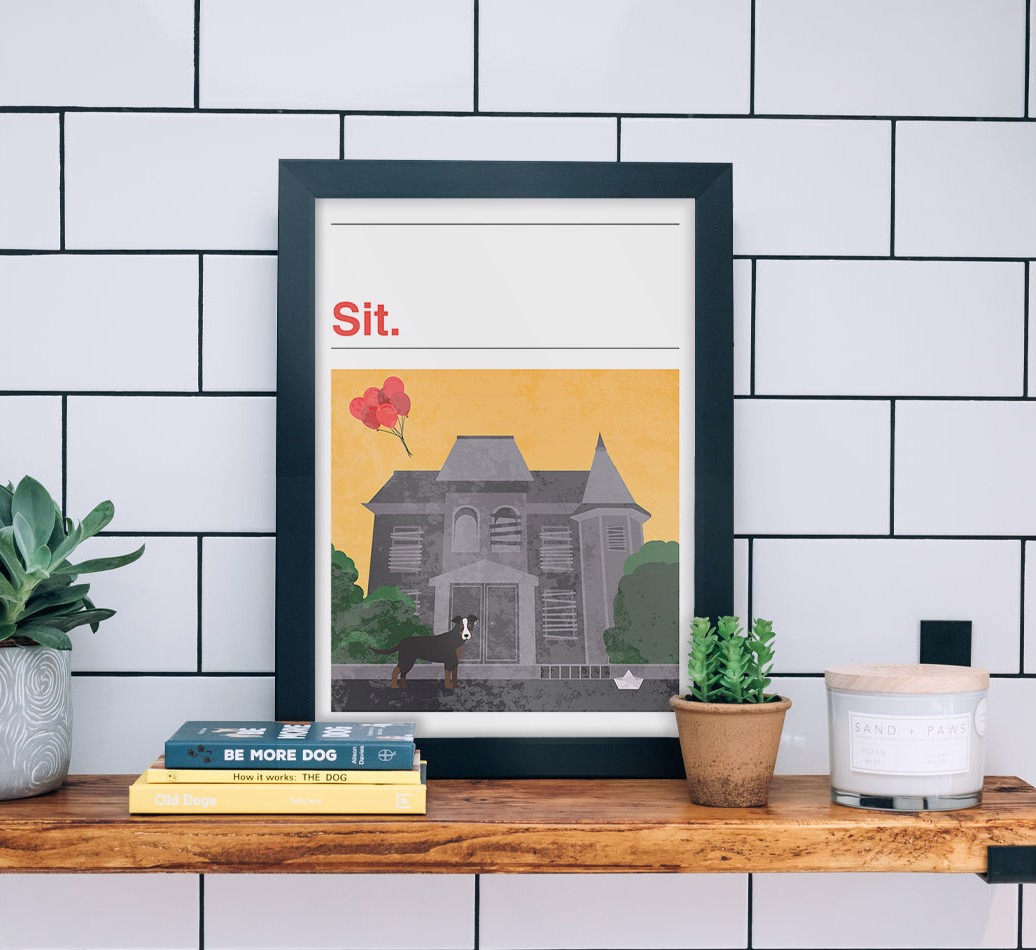 Sit: Personalised {breedFullName} Framed Print - black frame lifestyle