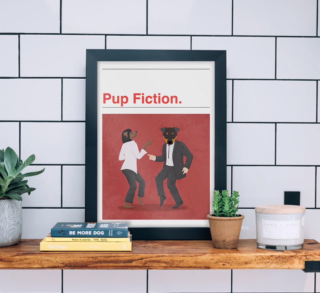 Pup Fiction: Personalised {breedFullName} Framed Print - black frame lifestyle