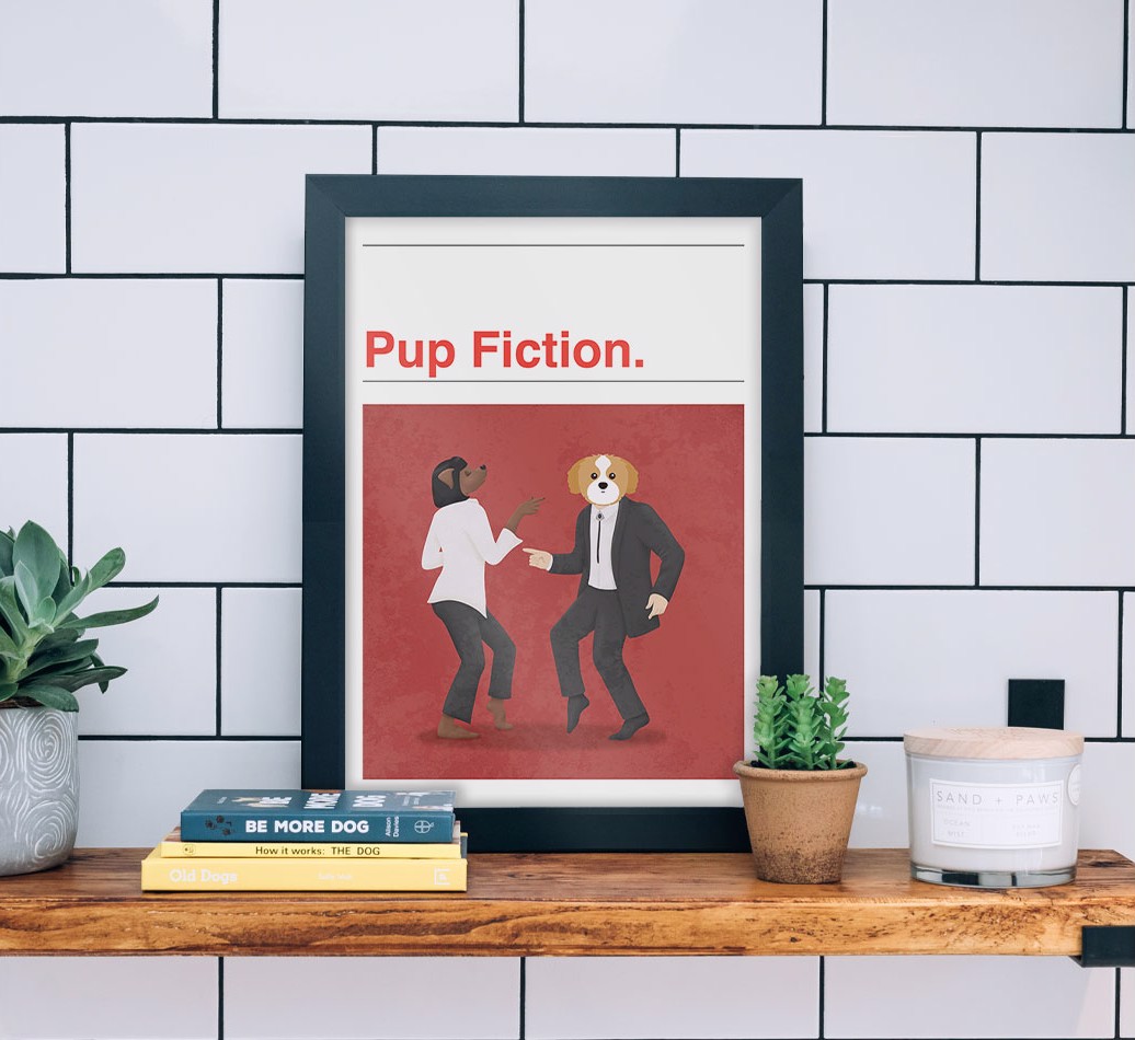Pup Fiction: Personalised {breedFullName} Framed Print - black frame lifestyle