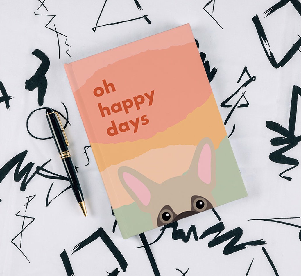 Oh Happy Days: Personalised {breedFullName} Notebook - with pen on black & white pattern background