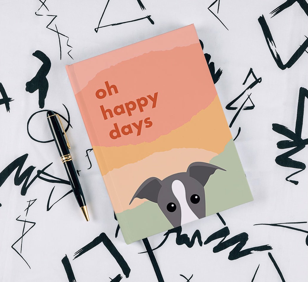 Oh Happy Days: Personalised {breedFullName} Notebook - with pen on black & white pattern background