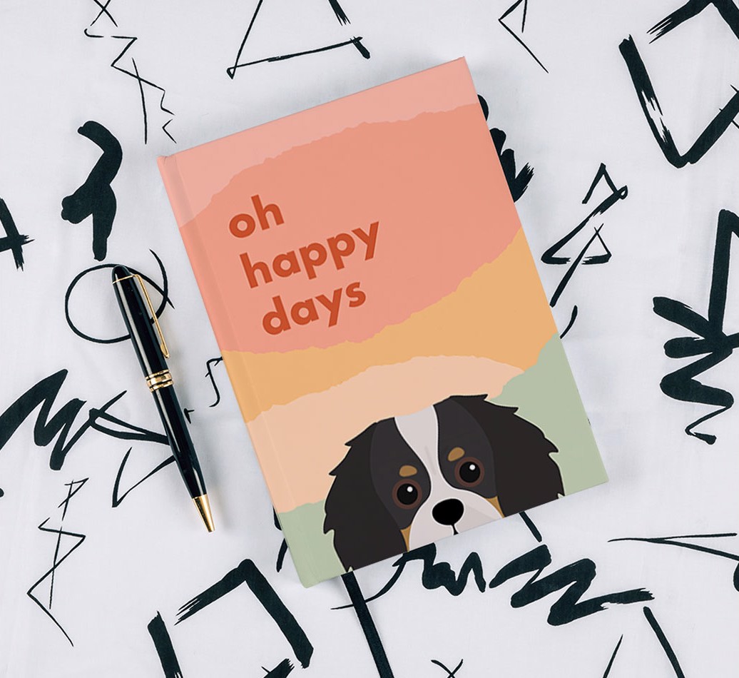 Oh Happy Days: Personalised {breedFullName} Notebook - with pen on black & white pattern background