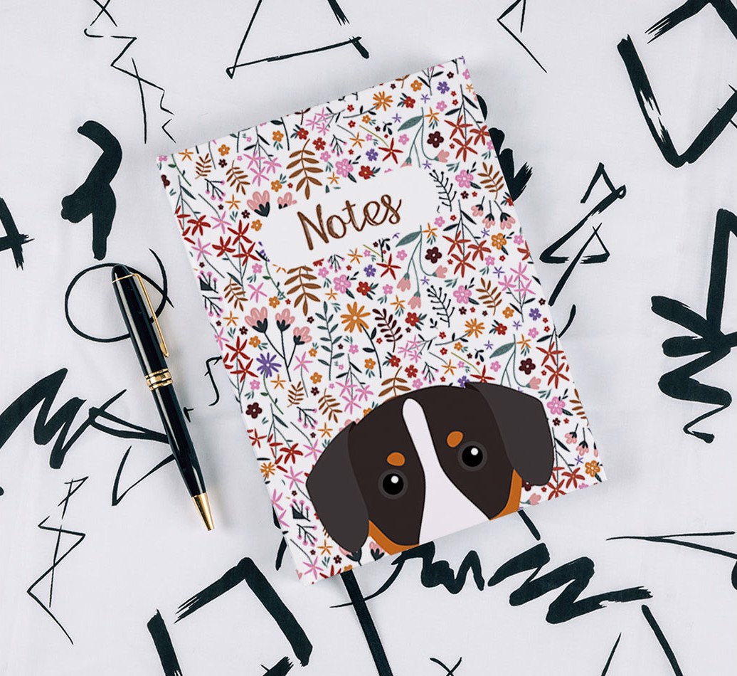 Floral Pattern: Personalised {breedFullName} Notebook - with pen on black & white pattern background