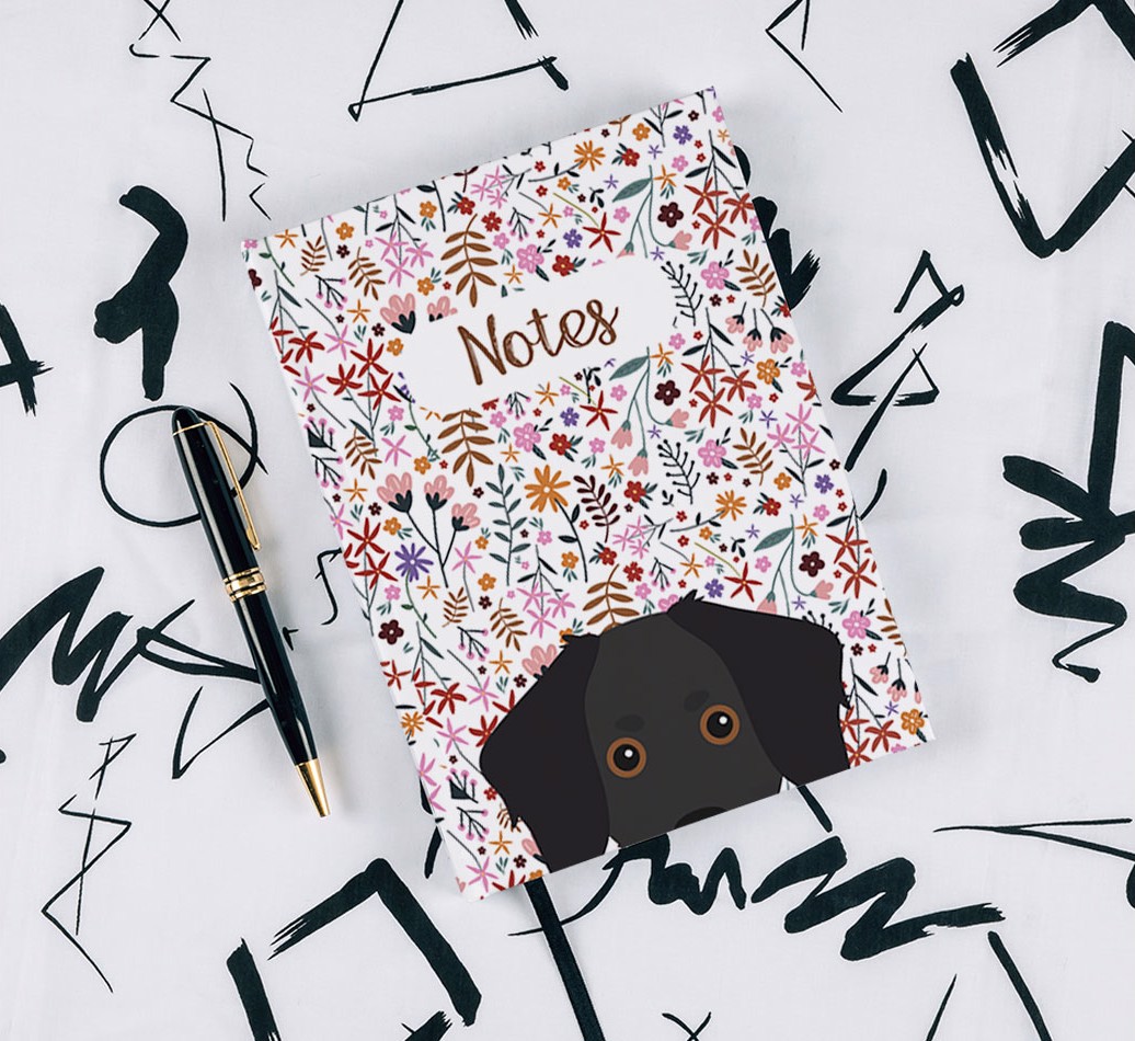 Floral Pattern: Personalised {breedFullName} Notebook - with pen on black & white pattern background
