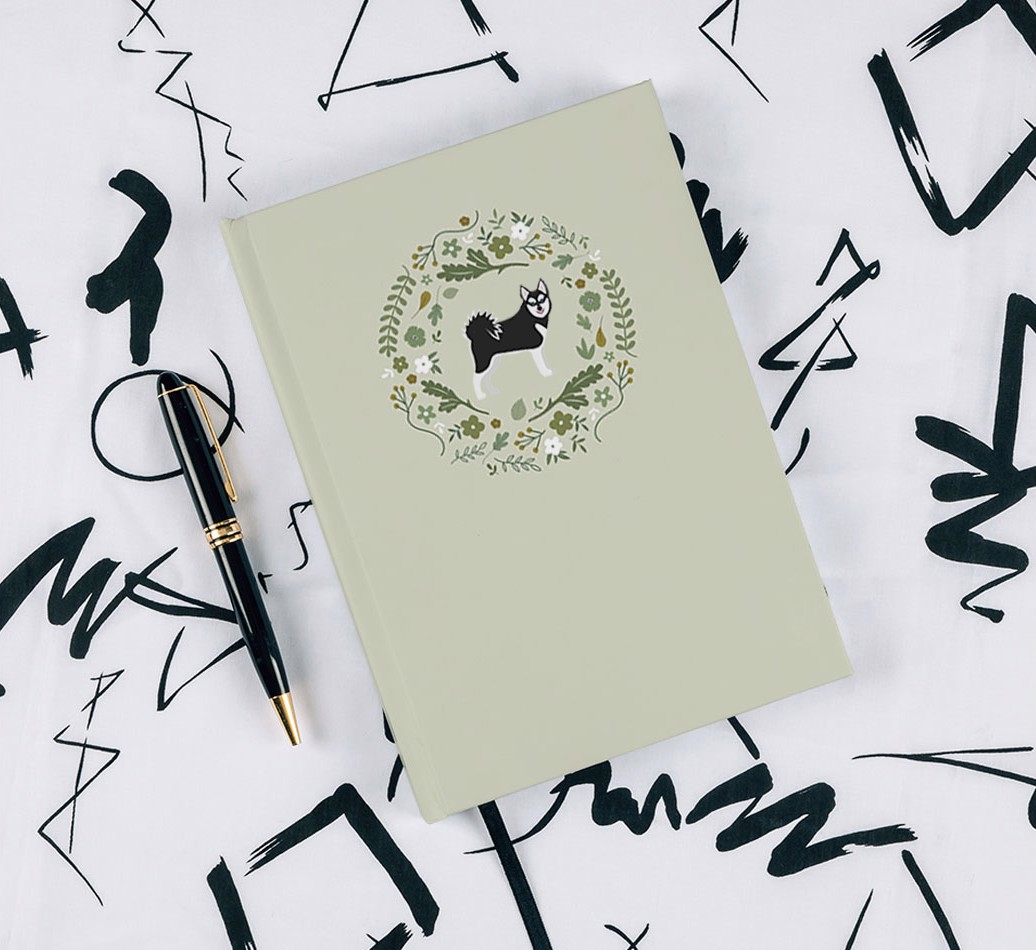 Floral Wreath: Personalised {breedCommonName} Notebook - with pen on black & white pattern background