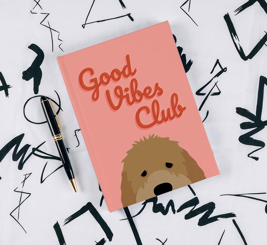 Good Vibes Club: Personalised {breedFullName} Notebook - with pen on black & white pattern background