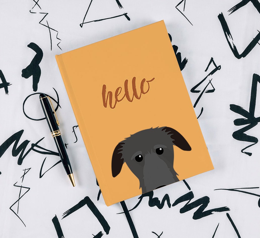 Hello: Personalised {breedFullName} Notebook - with pen on black & white pattern background