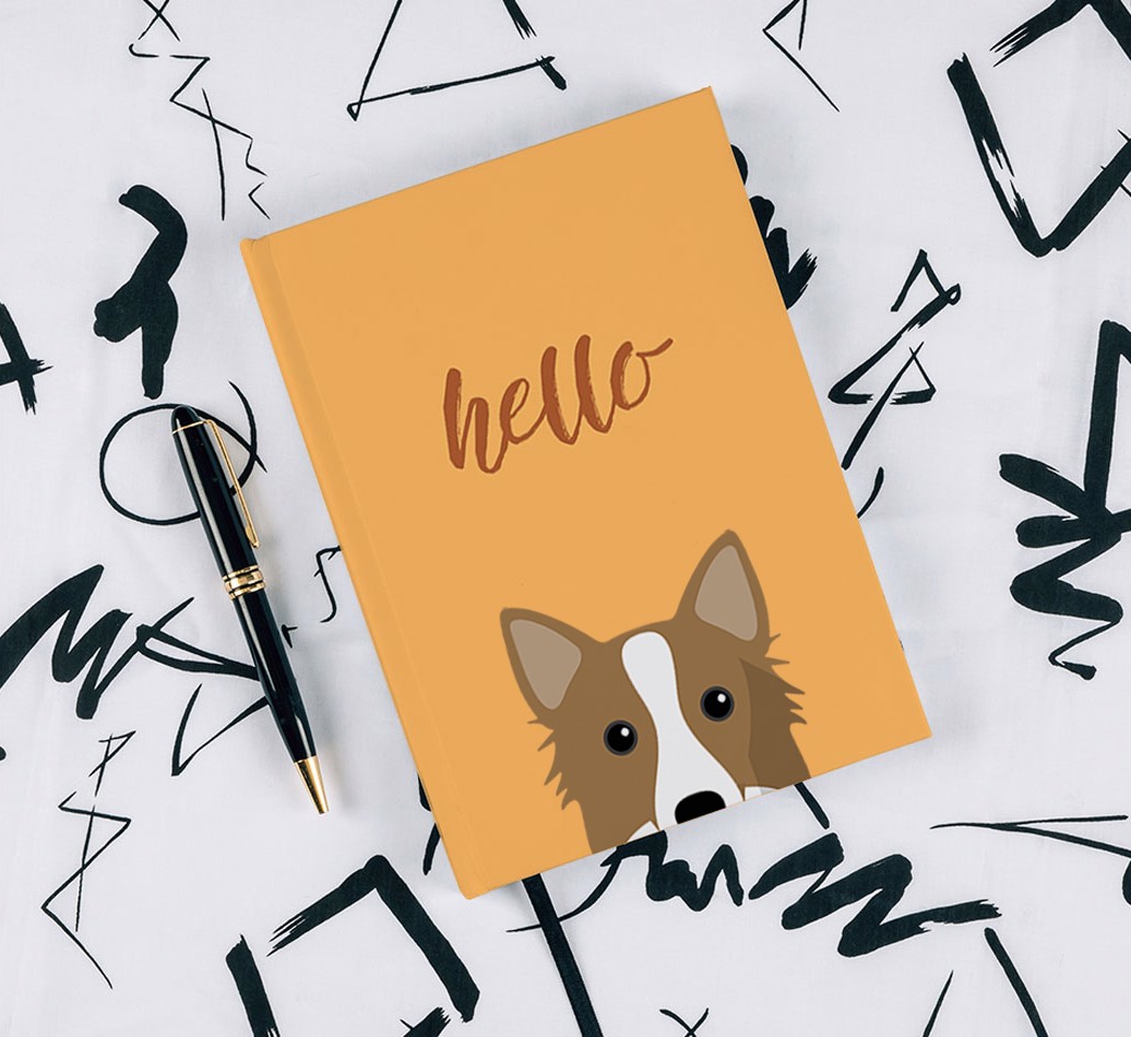 Hello: Personalised {breedFullName} Notebook - with pen on black & white pattern background