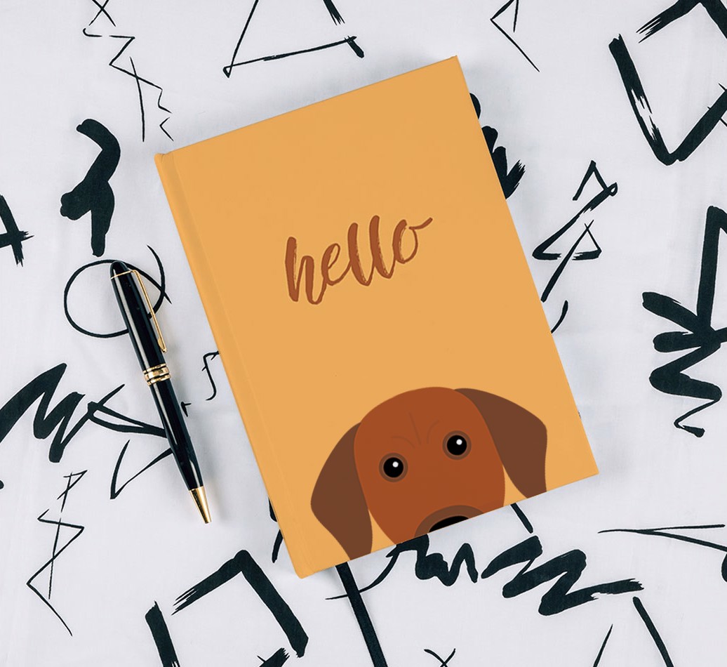 Hello: Personalised {breedFullName} Notebook - with pen on black & white pattern background