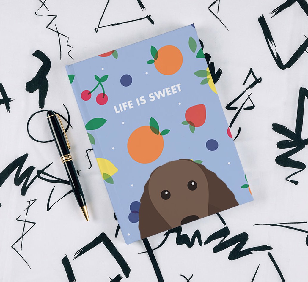 Life Is Sweet: Personalised {breedFullName} Notebook - with pen on black & white pattern background