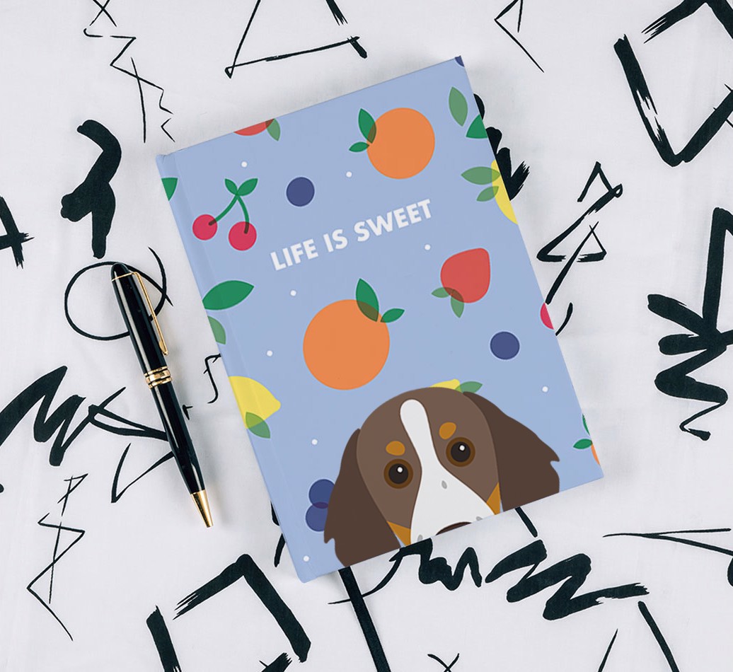 Life Is Sweet: Personalised {breedFullName} Notebook - with pen on black & white pattern background