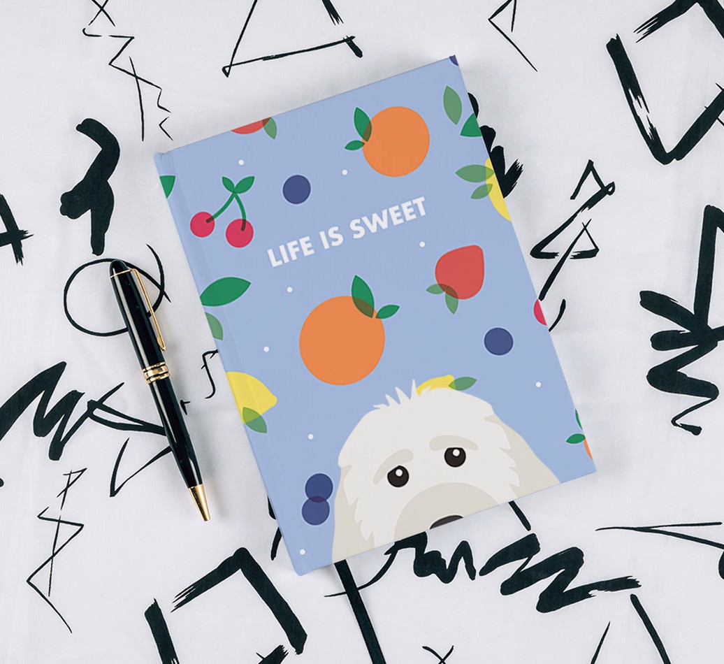 Life Is Sweet: Personalised {breedFullName} Notebook - with pen on black & white pattern background