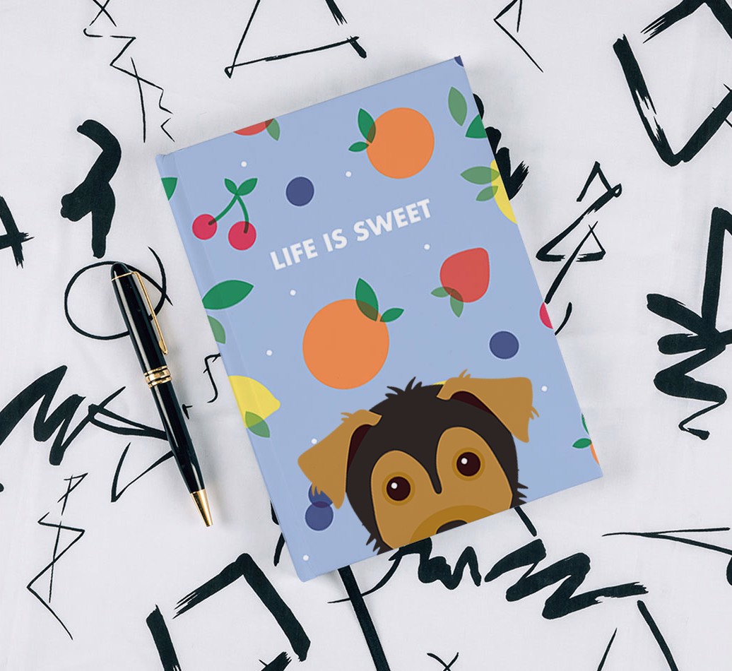 Life Is Sweet: Personalised {breedFullName} Notebook - with pen on black & white pattern background