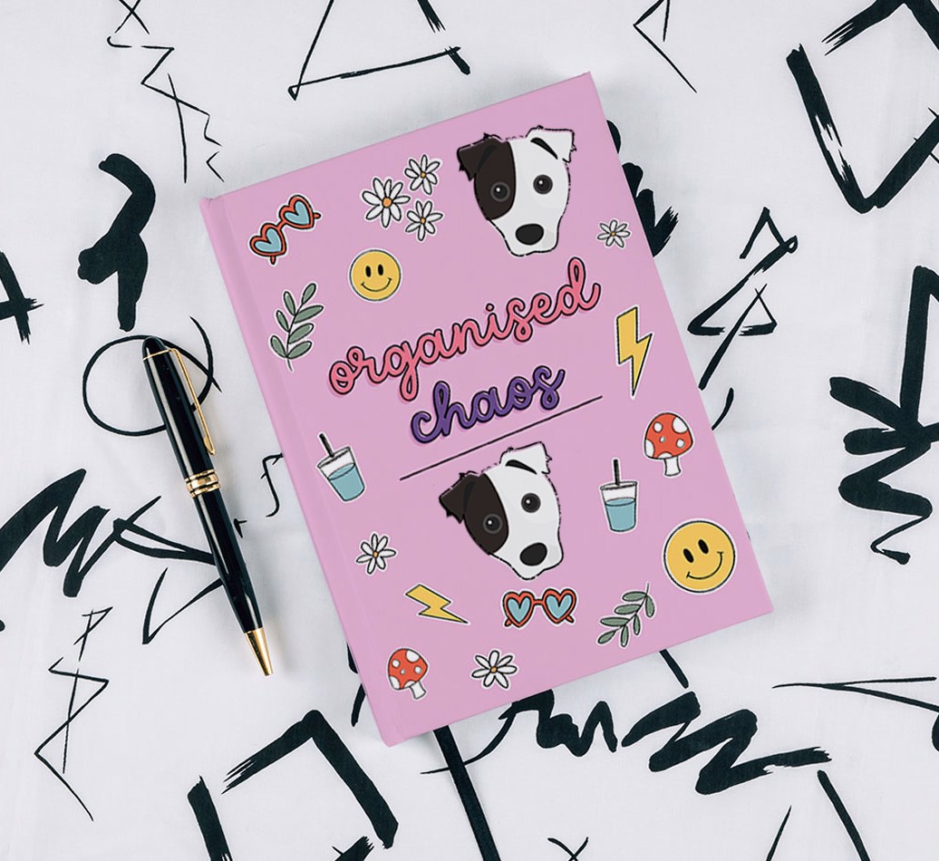 Organised Chaos: Personalised {breedFullName} Notebook - with pen on black & white pattern background