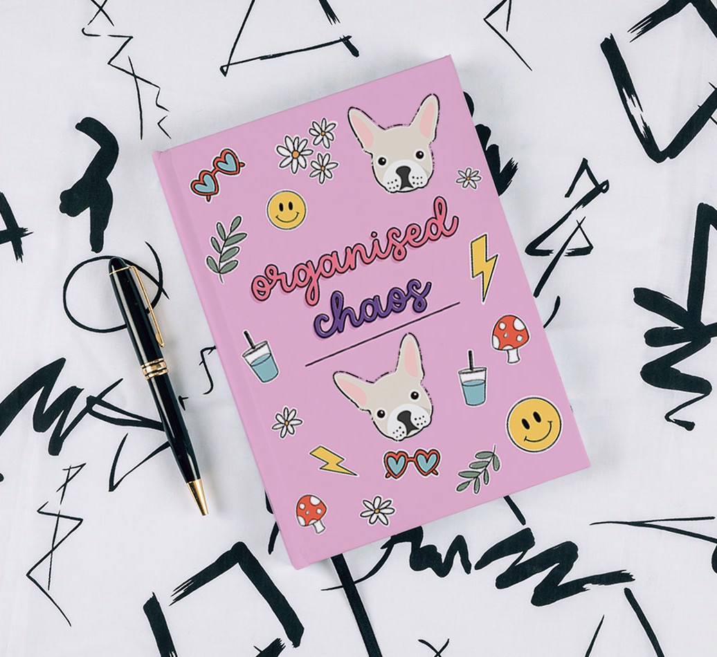 Organised Chaos: Personalised {breedFullName} Notebook - with pen on black & white pattern background