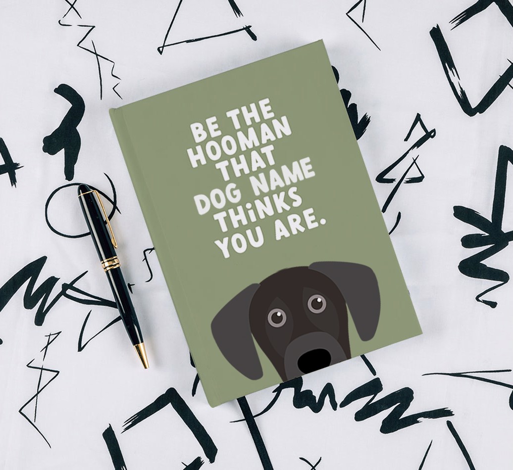 Be The Hooman: Personalised {breedFullName} Notebook - with pen on black & white pattern background
