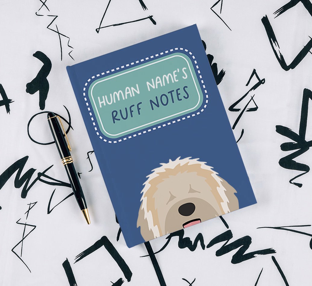 Ruff Notes: Personalised {breedFullName} Notebook - with pen on black & white pattern background