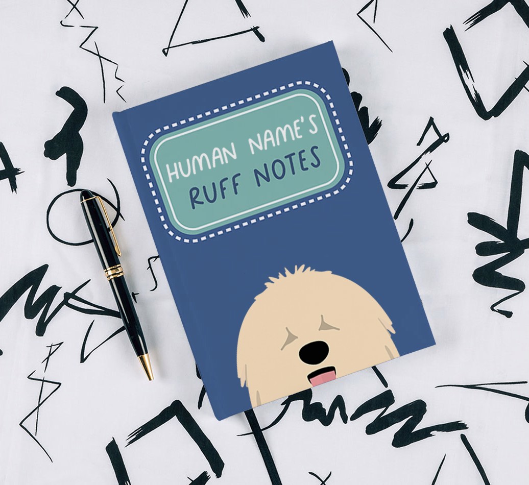 Ruff Notes: Personalised {breedFullName} Notebook - with pen on black & white pattern background