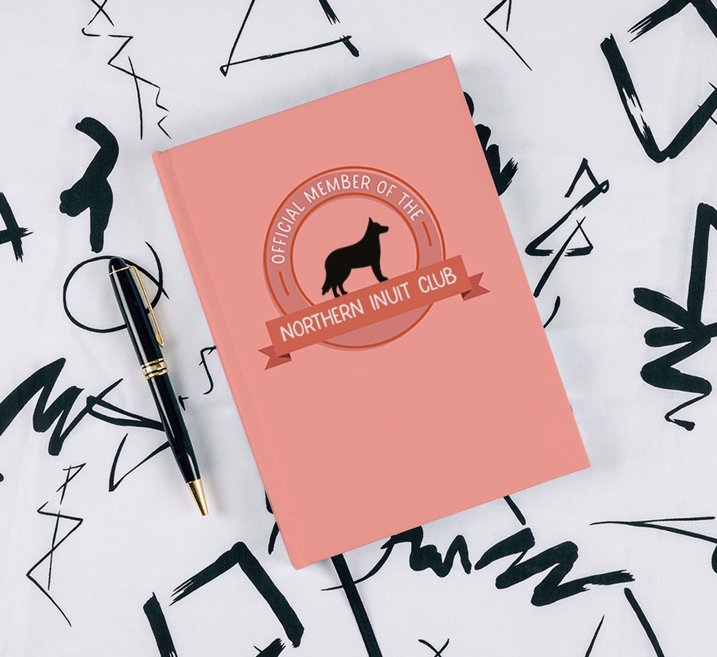 Member's Club: Personalised {breedFullName} Notebook - with pen on black & white pattern background