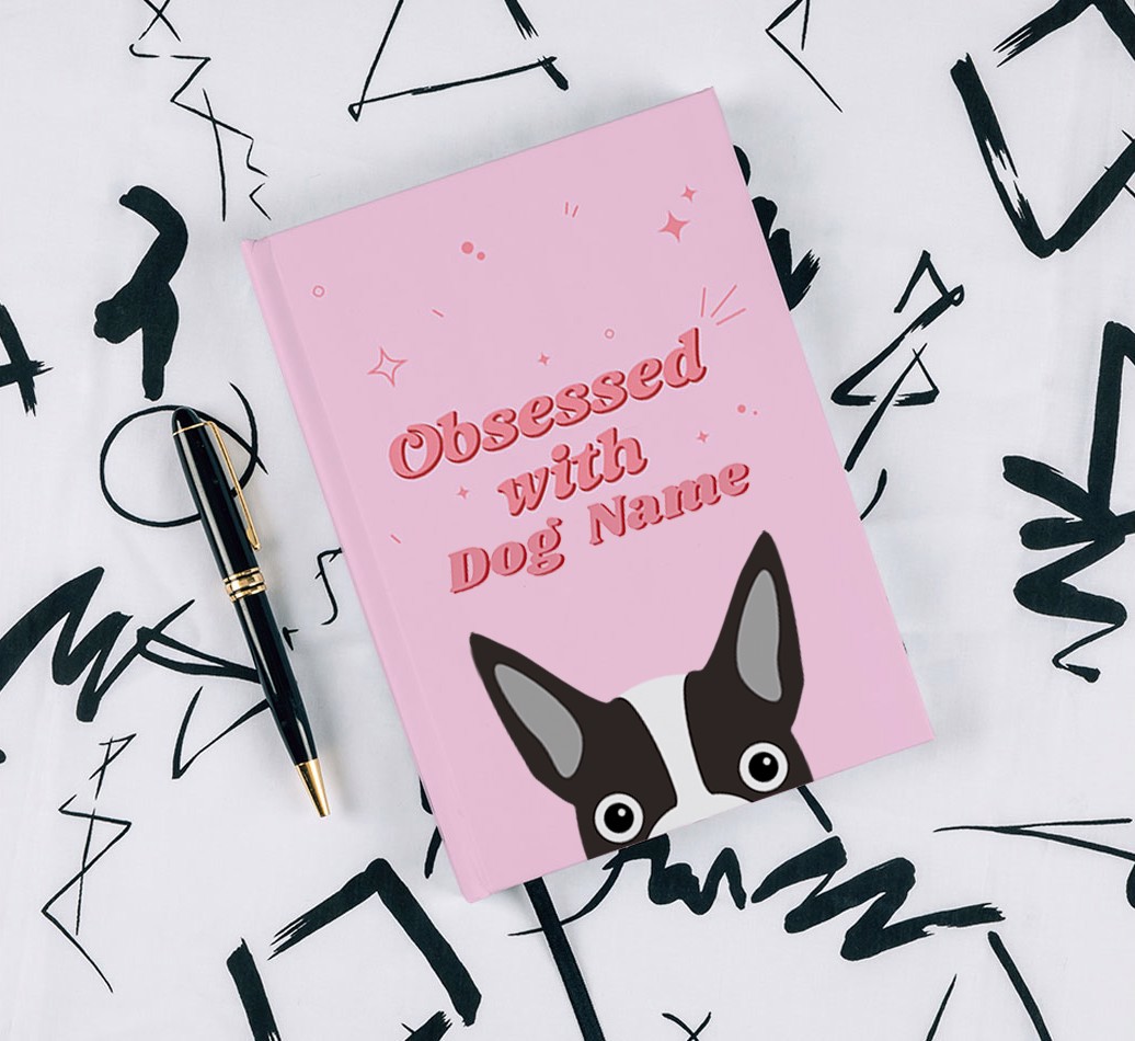 Obsessed With: Personalised {breedFullName} Notebook - with pen on black & white pattern background