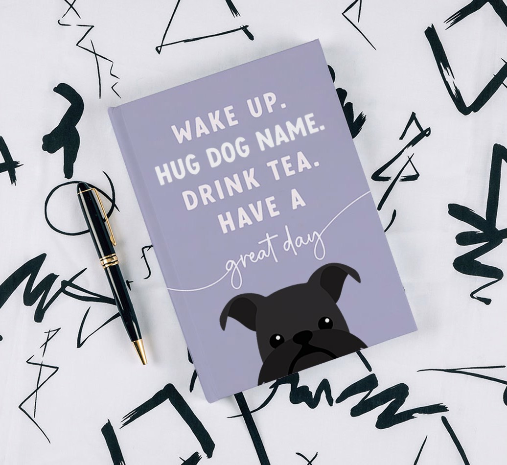 Wake Up: Personalised {breedFullName} Notebook - with pen on black & white pattern background