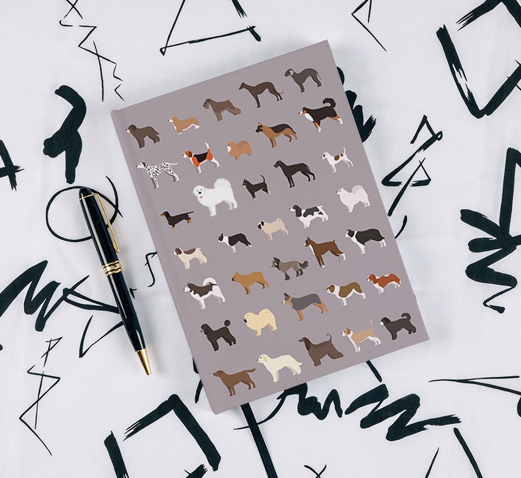 A Great Deal of Dogs: Personalised {breedFullName} Notebook - with pen on black & white pattern background
