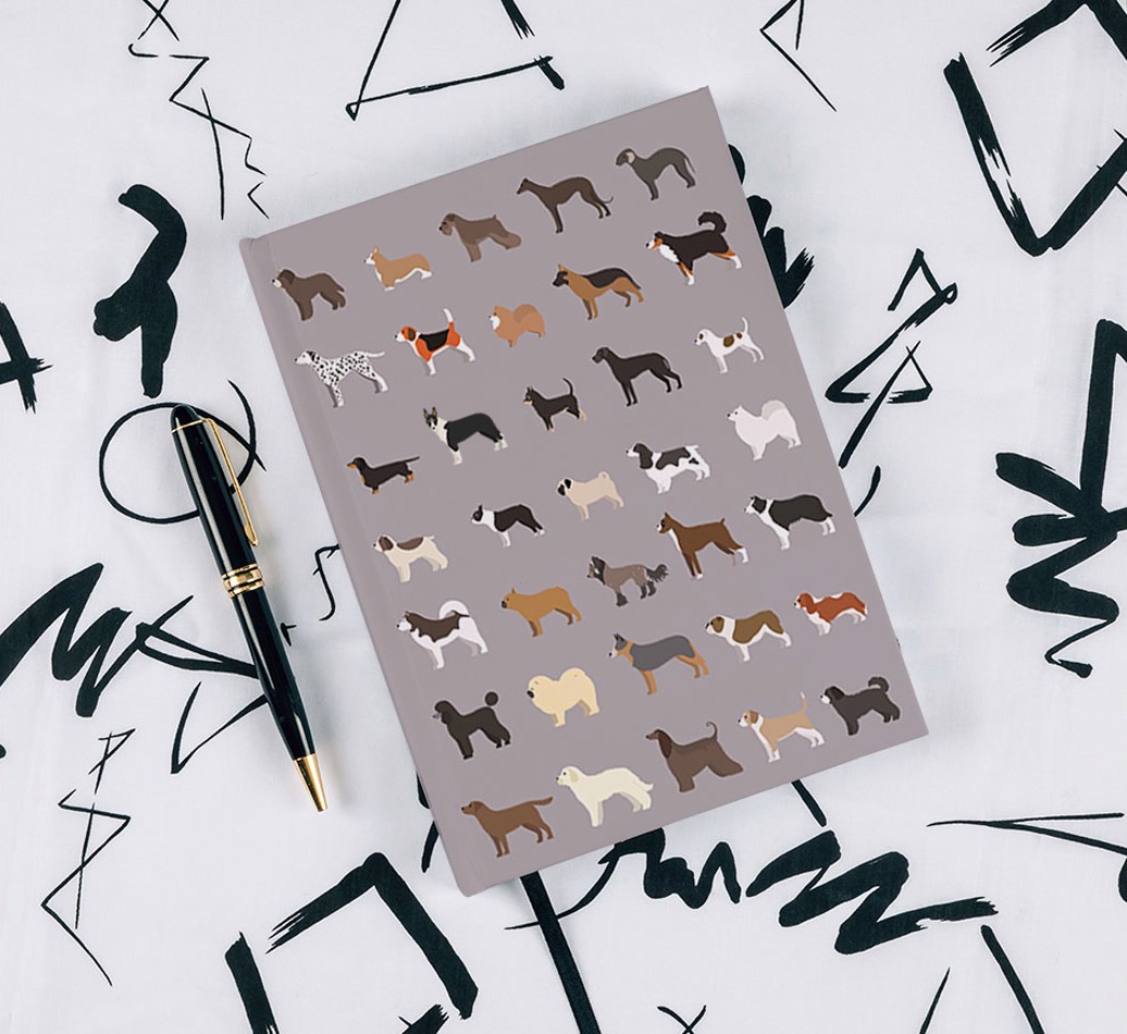 A Great Deal of Dogs: Personalised {breedFullName} Notebook - with pen on black & white pattern background