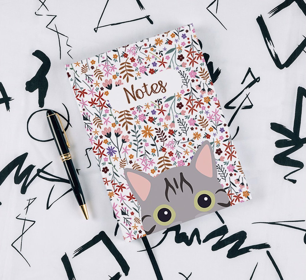 Floral Pattern: Personalized {breedFullName} Notebook - with pen on black & white pattern background