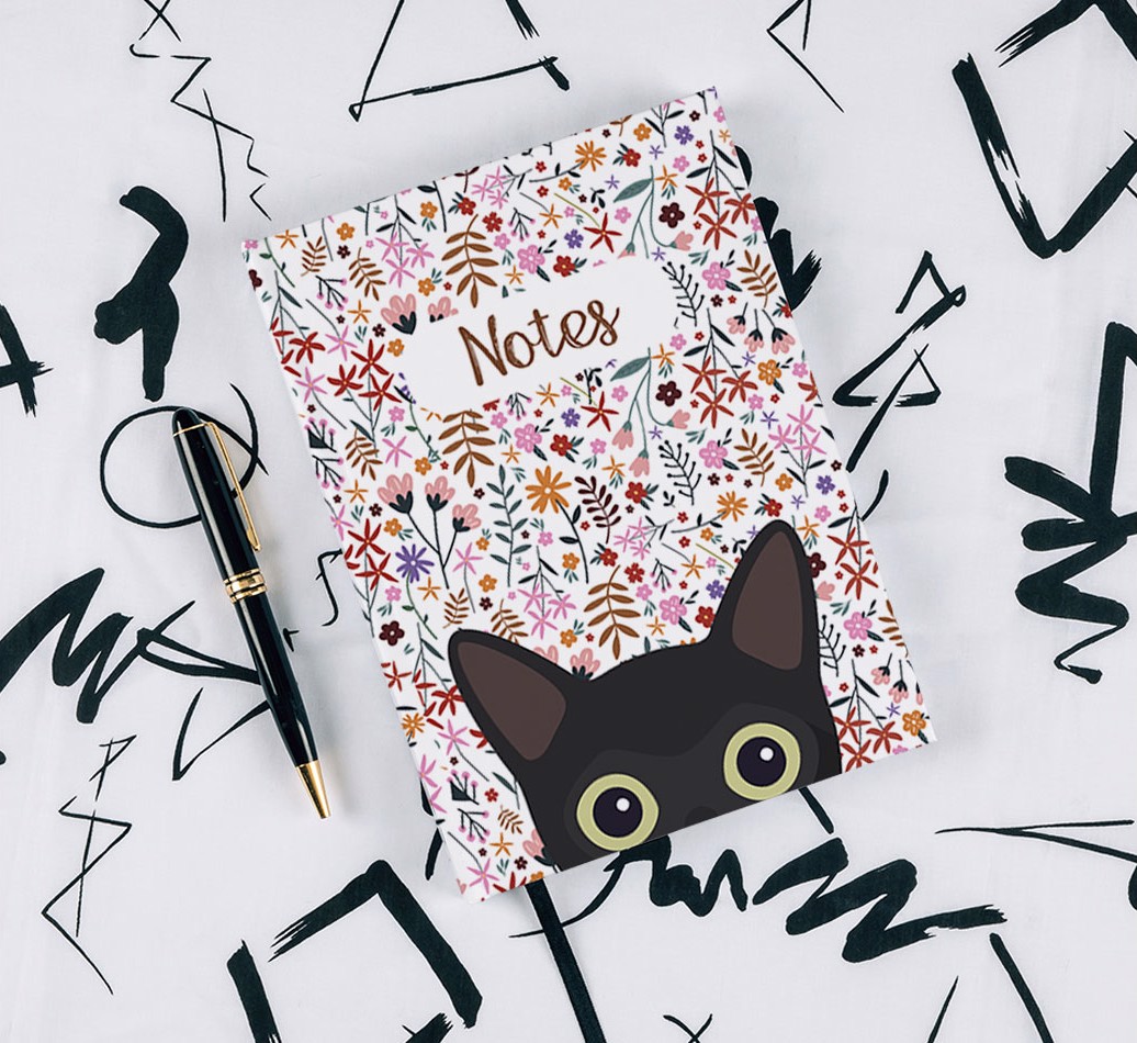 Floral Pattern: Personalised {breedCommonName} Notebook - with pen on black & white pattern background