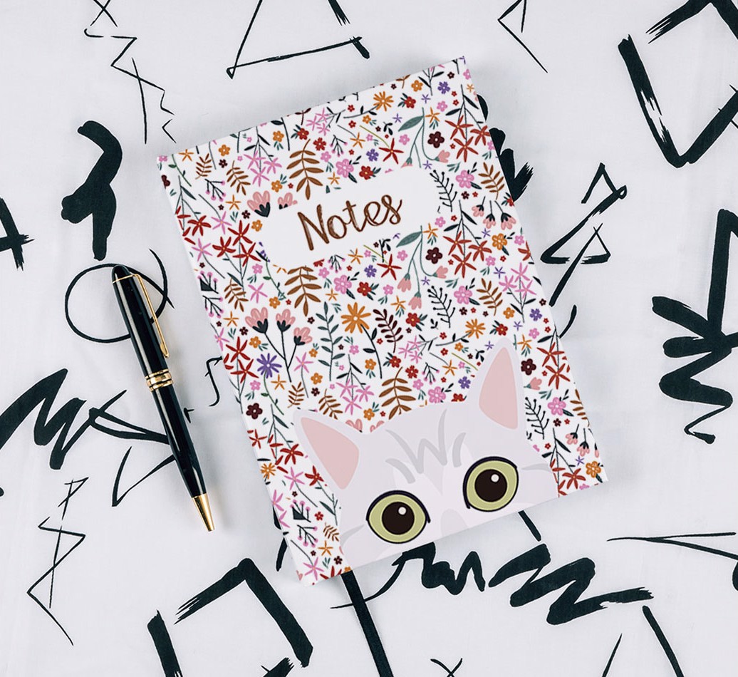 Floral Pattern: Personalised {breedCommonName} Notebook - with pen on black & white pattern background